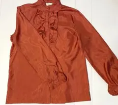 古着 オレンジ フリル付き長袖ブラウス