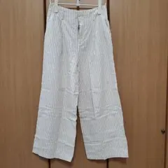 ユニクロ ベルテッドリネンコットンワイドパンツ ストライプ レディース L