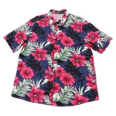 アロハシャツ　ハイビスカス　ネイビー　派手色　　XL 古着　8fのサムネイル