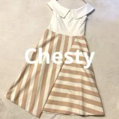 【新品】Chesty チェスティ 変形 ストライプ ビッグカラー ワンピース