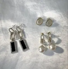 ピアス　3セット（ブラックストーン・パール）