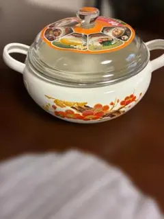 未使用　ホーロー鍋　両手鍋　耐熱ガラス蓋　昭和レトロ