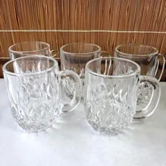 昭和レトロダイヤモンドカット模様ガラス製ビールジョッキ5個セット