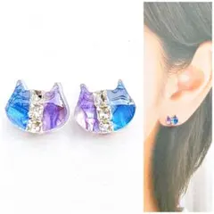 パープル×ブルーバイカラー8mm猫ピアス/イヤリング　再販