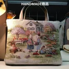 HANDMADEゴブランパネル生地グリーンゲイブルズ&スェード調大型トートバッグ
