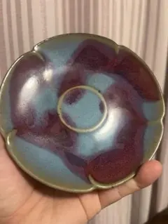 鈞窯 天藍釉紫紅斑 葵口盞托　陶芸　骨董品　古美術品