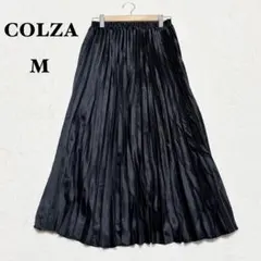 コルザ プリーツスカート ウエストゴム M 黒 光沢感 ロング丈 洗える 裏地