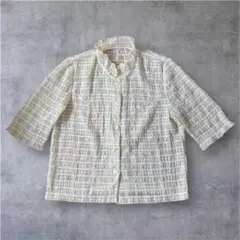 【VINTAGE】90‘sストライプ五分袖シャツ ブラウス イエロー系