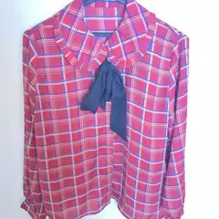 チェック柄リボン付き長袖シャツ　レトロ