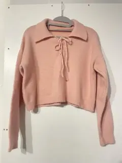 リボン付きピンククロップドニット　長袖　冬服　韓国