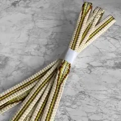 絹 帯締め☆平組 唐組風 白×銀糸×茶色×抹茶緑 ライン柄 菱形 幾何学柄 組紐