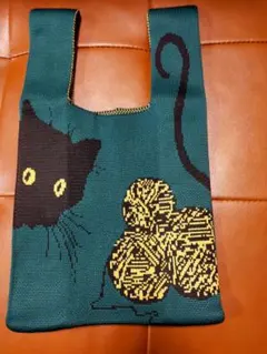 黒猫と毛糸玉デザイン ニットトートバッグ