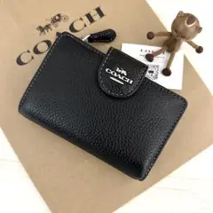 上質なレザー　新品　COACH　コーチ 折り財布　２つ折り財布 ブラック