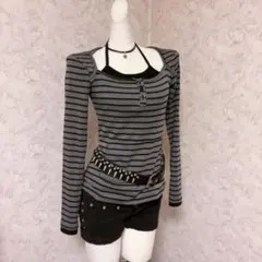 平成ギャル　Y2K グレーと黒のストライプ長袖Tシャツ　グランジ
