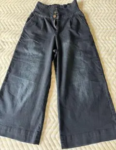 レディース ガウチョパンツ ボタン付き デニム風 インディゴブルー
