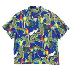 古着 開襟 オープンカラー アロハシャツ ハワイアンシャツ オウム柄 鳥柄