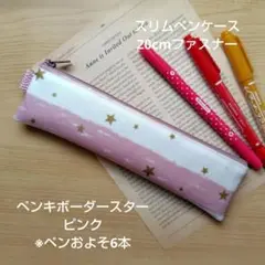 スリムペンケース 20cmファスナー ペンキボーダースター ピンク