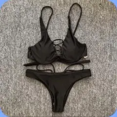 水着 ブラジリアン 編み上げ ビキニ キュート 三角ビキニ 黒 ブラック S
