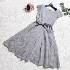 ローラアシュレイ 総刺繍 Aラインワンピース リボン グレー サイズ7