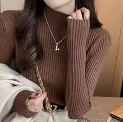 【新品】ボトルネック ハイネック リブニット トップス ブラウン