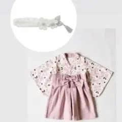 【美品】mocmof 袴ロンパース　ピンク　70 ヘアバンド