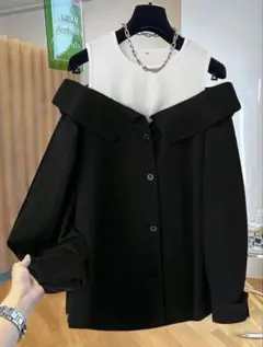 シーイン　オフショルダー ブラック ホワイト シャツ