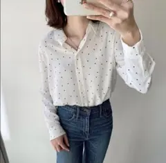 「新品」ユニクロ レーヨンプリントブラウス（ドット柄長袖）白/ M