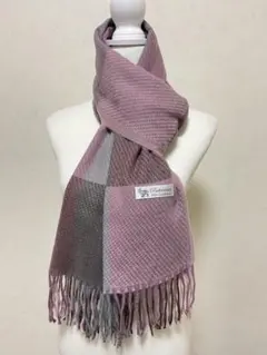 100%パシュミナカシミヤ 大判マフラーチェック柄 くすみピンク×グレーストール