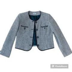 美品❣️ノーカラージャケット　昭和レトロ　千鳥柄　モノトーン　ツイード風
