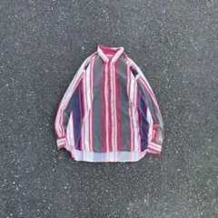 90s vintage BDシャツ ストライプ レッド 長袖 マルチカラー