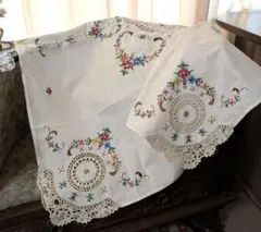 イギリスヴィンテージ 色糸手刺繍 編みレース繋ぎ 円形クロス - メルカリ
