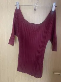 CECIL McBEE バーガンディ リブ編み 半袖ニット