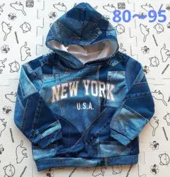 80～95　デニム風パーカー　新品未使用　パッチワーク風プリント柄