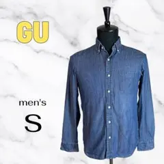 【GU】デニムボタンダウンシャツ　ダンガリー　薄手　着回し　破れあり　ブルー　S