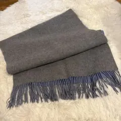 カシミヤ100% グレーと青のフリンジ付きマフラー