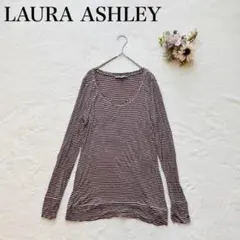 【ローラアシュレイ】ボーダーカットソー（L）Uネック レーヨン 薄手 トップス