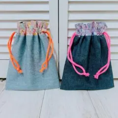 小花柄×デニム/給食袋2p/巾着袋/裏地付き/ネオンカラー