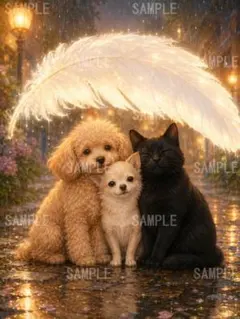 トイプードルとチワワ・黒猫が雨夜に光る羽根の下で寄り添う3DCG風 c39