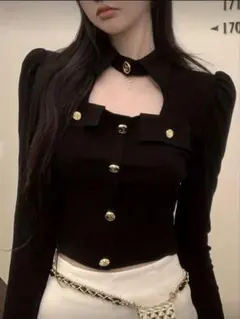 チョーカー風ネック ゴールドボタン 長袖ニット ブラック SHEIN