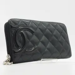 【美品】シャネル カンボンライン ラウンドファスナー 長財布 黒×ピンク
