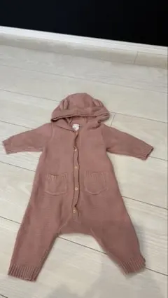 H&M ベビー　ロンパース　ニット　クマ耳　くすみピンク