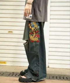 Tiger black denim pants チュウカタベタイ