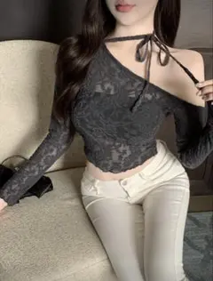 ワンショルダー レース リボン 韓国 ワンホン 春服 夏服 春夏 シアー