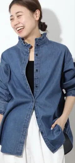 デニムブルー フリル襟シャツ