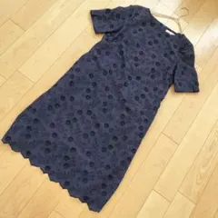 ✨BLEU CELESTE✨半袖ワンピース【38】ネイビー 花刺繍 上品 ひざ丈