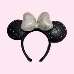 ディズニー カチューシャ レザー キルティング スパンコール 黒 白 ミニー