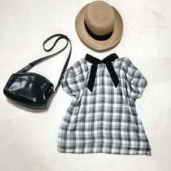 OFUON バックリボンが可愛い モノトーンチェックブラウスのサムネイル