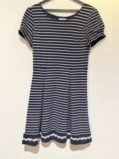 【美品】ロディスポット バックリボン付ボーダーワンピース M 紺 白 レース