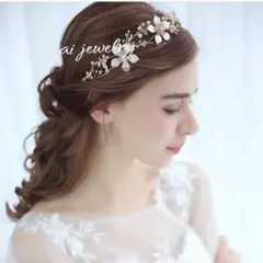 ゴールドフラワーパールヘッドドレスカチューシャウェディングヘアアクセサリー結婚式