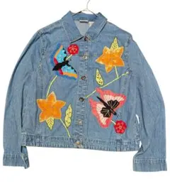 WHITE STAG デニムジャケット 蝶々 花 ワッペン ビーズ　刺繍